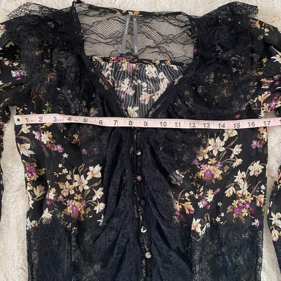 Anthropologie Black Lace Ruffle Floral Sheer Blouse - Picture 11 of 13
